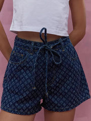 Casual Raised Printed Denim Drawstring Straight Street Wear Belt With Shorts Mssza