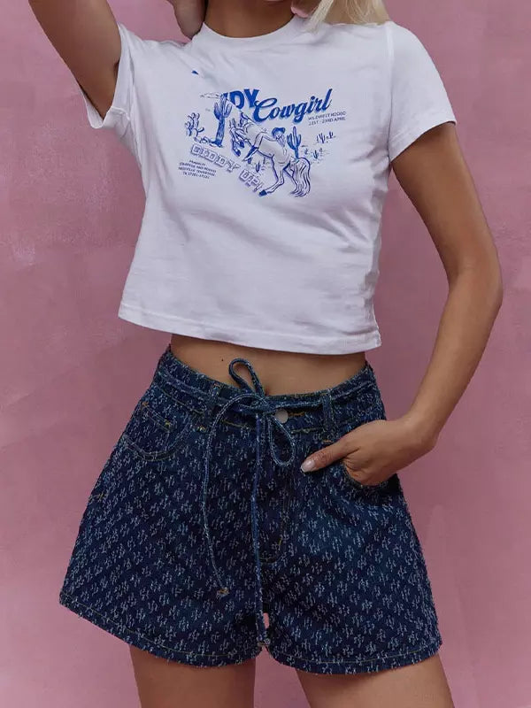 Casual Raised Printed Denim Drawstring Straight Street Wear Belt With Shorts Mssza