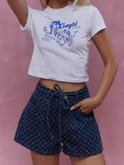 Casual Raised Printed Denim Drawstring Straight Street Wear Belt With Shorts Mssza