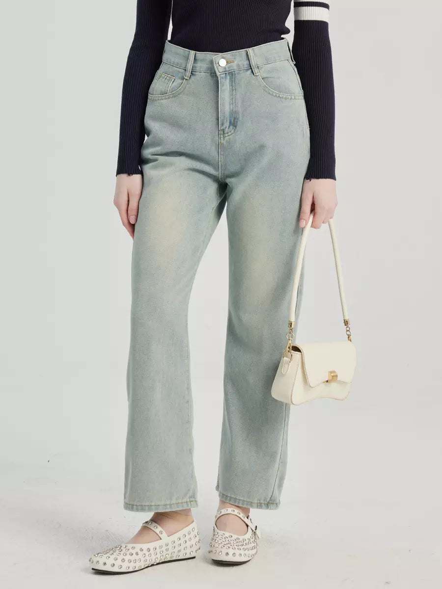 Casual Raised Trousers Solid Color Zipper Fly Straight Jeans Mssza