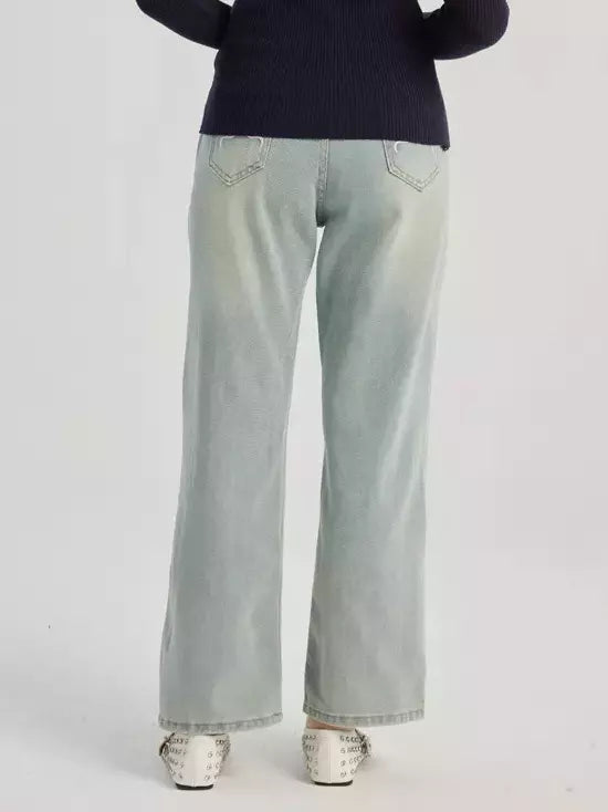 Casual Raised Trousers Solid Color Zipper Fly Straight Jeans Mssza
