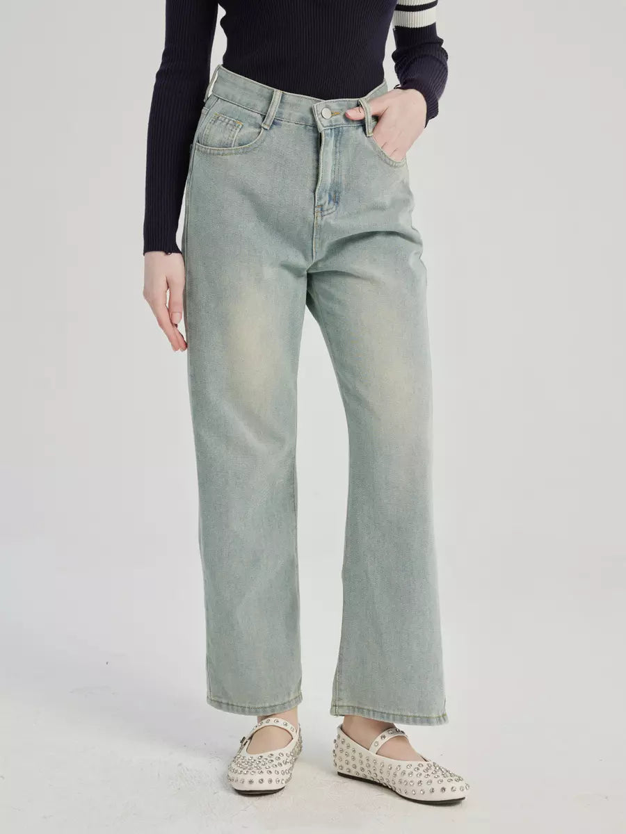 Casual Raised Trousers Solid Color Zipper Fly Straight Jeans Mssza