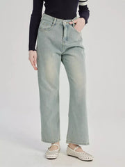 Casual Raised Trousers Solid Color Zipper Fly Straight Jeans Mssza