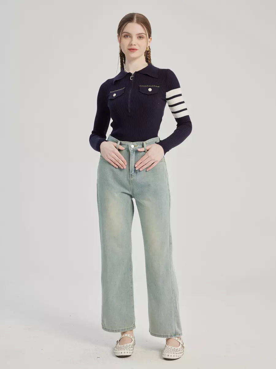 Casual Raised Trousers Solid Color Zipper Fly Straight Jeans Mssza