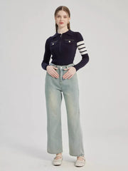 Casual Raised Trousers Solid Color Zipper Fly Straight Jeans Mssza