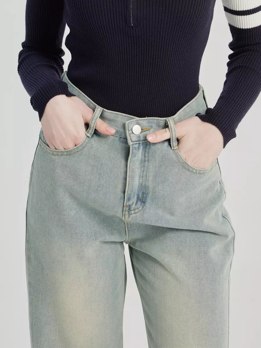 Casual Raised Trousers Solid Color Zipper Fly Straight Jeans Mssza