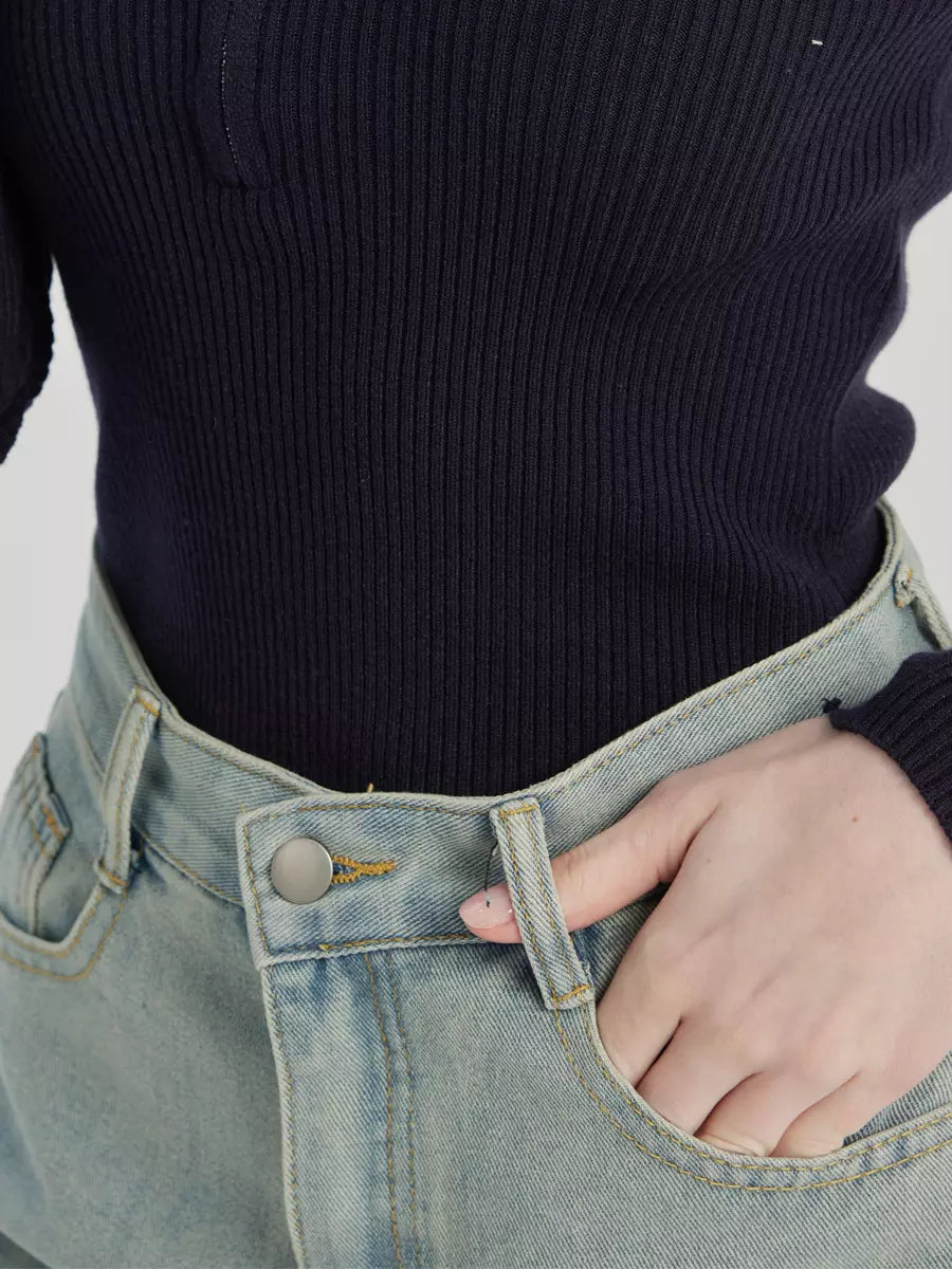 Casual Raised Trousers Solid Color Zipper Fly Straight Jeans Mssza