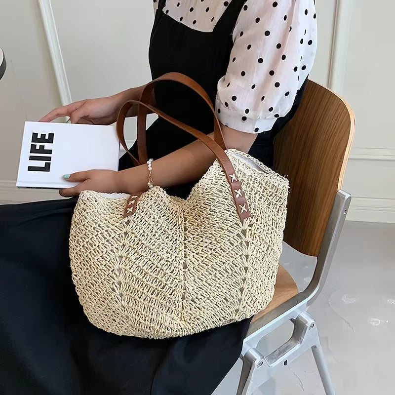 Casual Rattan Woven Top Handle Hollow Raffia Crochet Beach Straw Handbags Mssza
