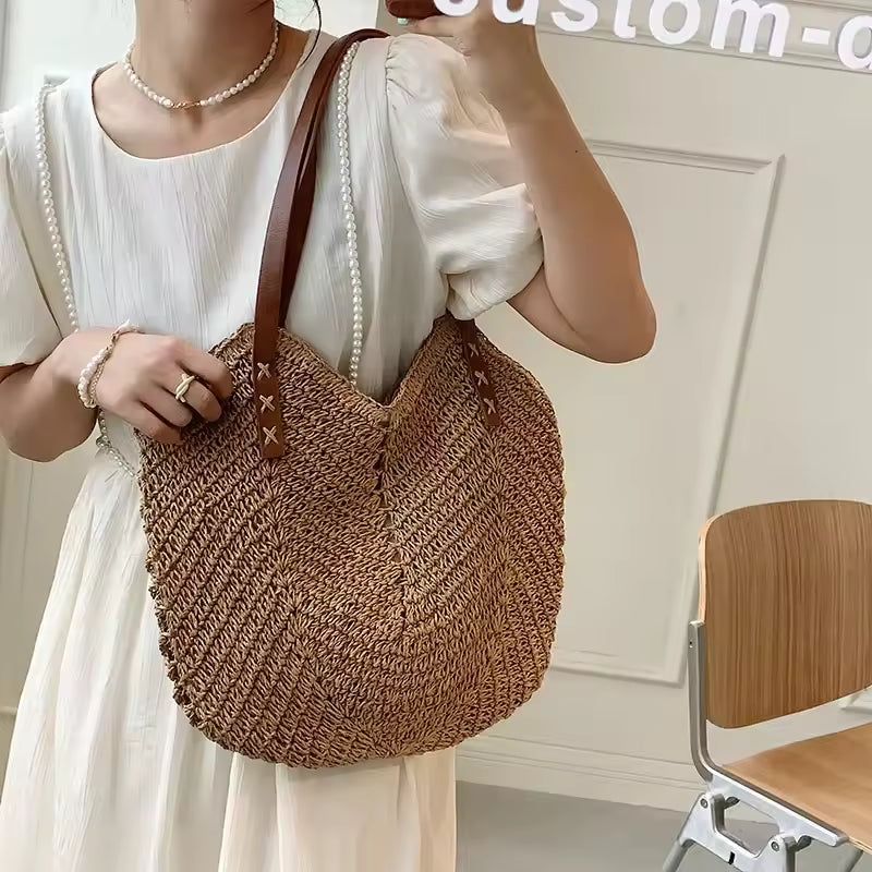 Casual Rattan Woven Top Handle Hollow Raffia Crochet Beach Straw Handbags Mssza