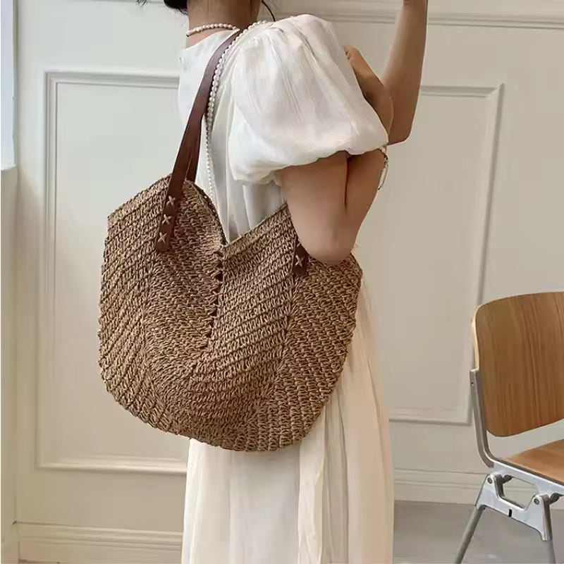 Casual Rattan Woven Top Handle Hollow Raffia Crochet Beach Straw Handbags Mssza