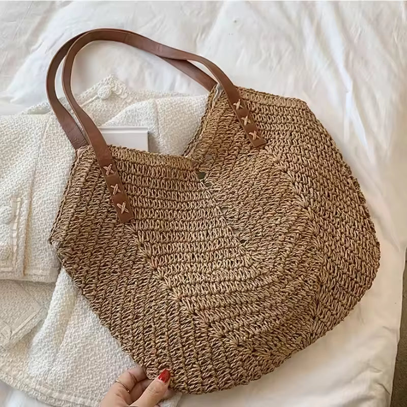 Casual Rattan Woven Top Handle Hollow Raffia Crochet Beach Straw Handbags Mssza