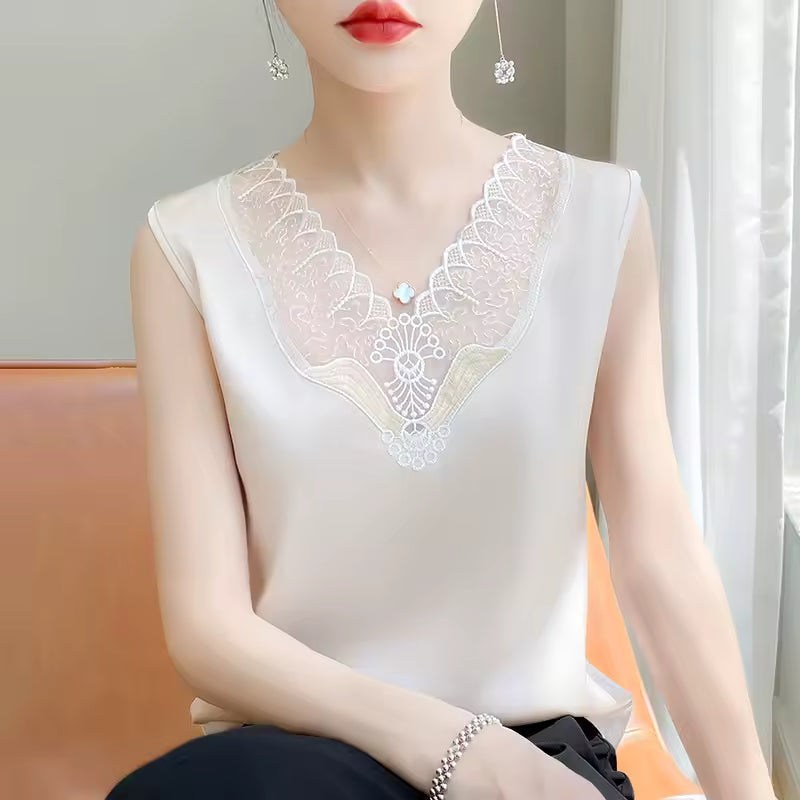 Trendy Rayon Lace Satin V Neck Sleeveless Tank Tops Mssza