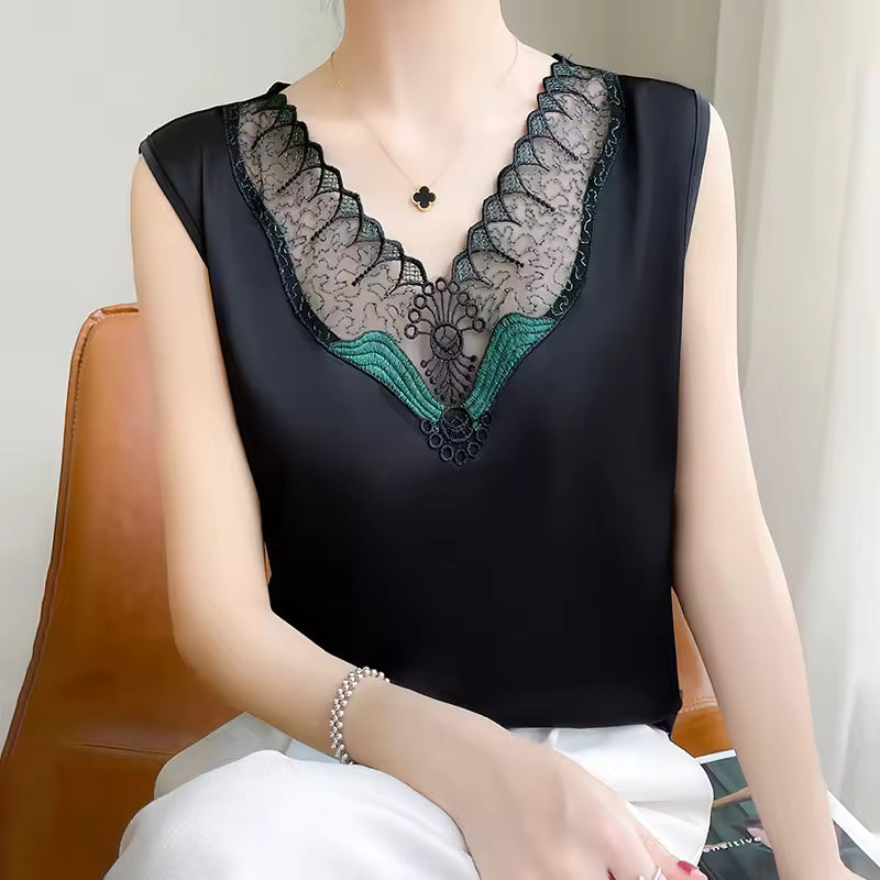 Trendy Rayon Lace Satin V Neck Sleeveless Tank Tops Mssza