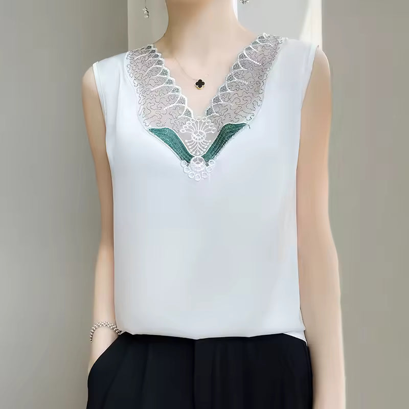 Trendy Rayon Lace Satin V Neck Sleeveless Tank Tops Mssza