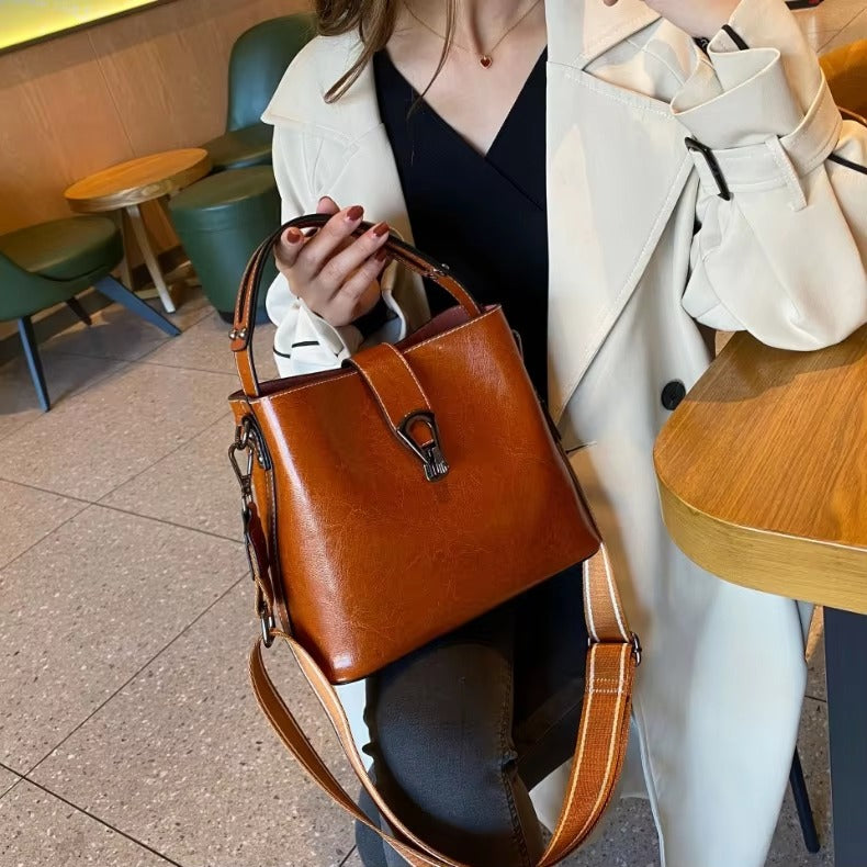 Casual Real Oil Wax Leather Large Capacity Cowhide Crossbody Tote Simple Handbag Mssza