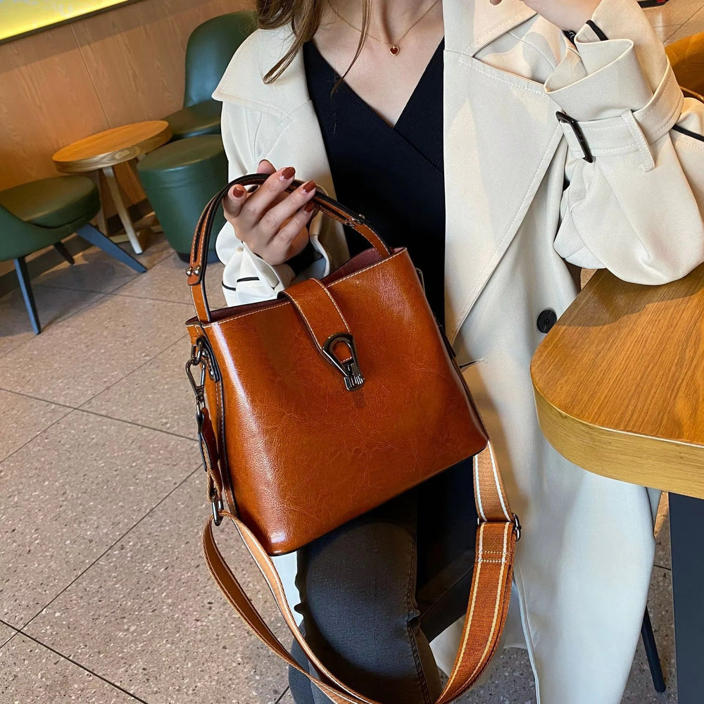 Casual Real Oil Wax Leather Large Capacity Cowhide Crossbody Tote Simple Handbag Mssza