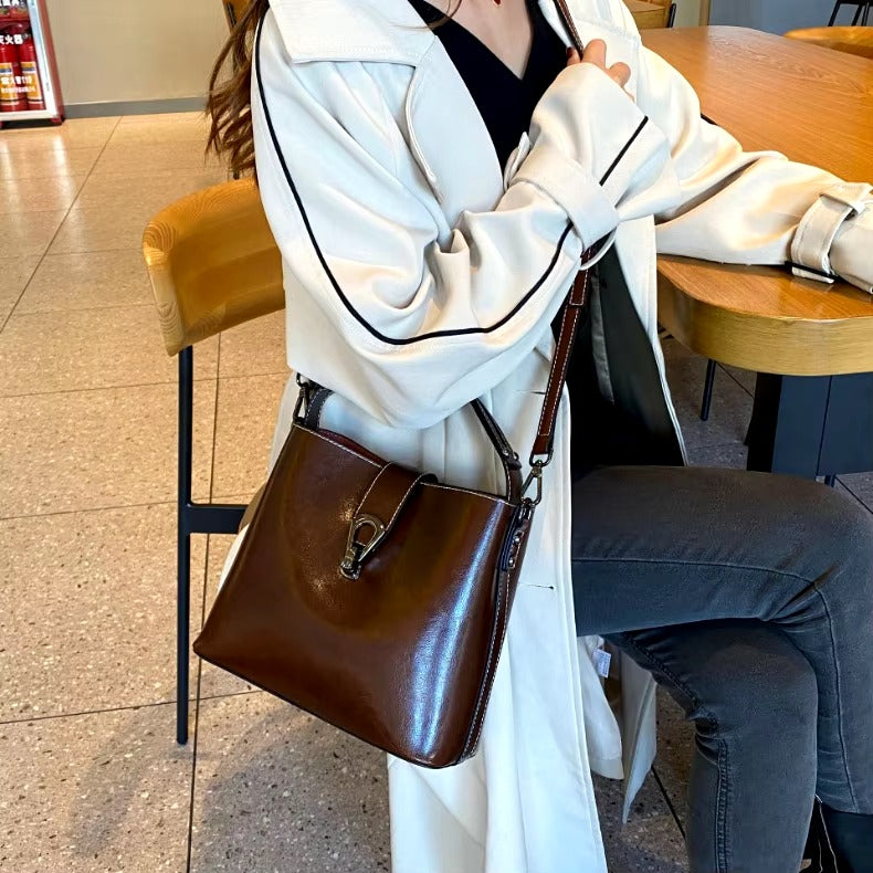 Casual Real Oil Wax Leather Large Capacity Cowhide Crossbody Tote Simple Handbag Mssza