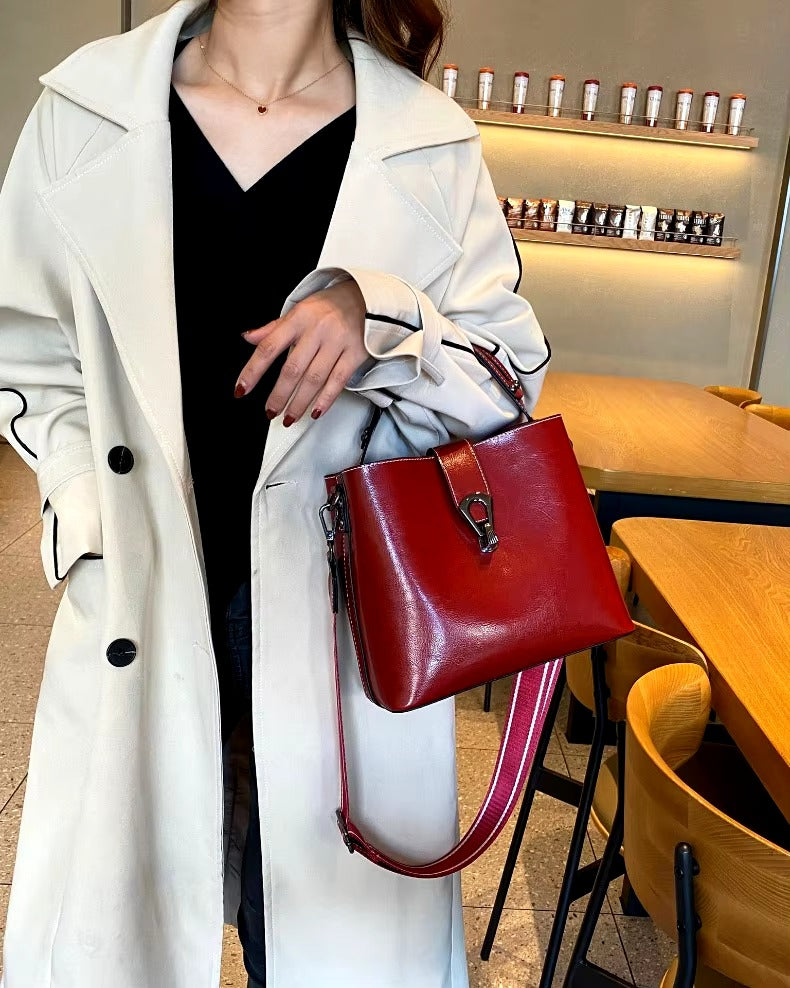 Casual Real Oil Wax Leather Large Capacity Cowhide Crossbody Tote Simple Handbag Mssza