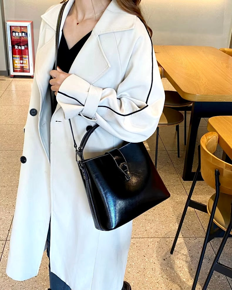 Casual Real Oil Wax Leather Large Capacity Cowhide Crossbody Tote Simple Handbag Mssza