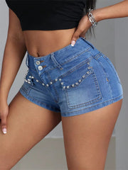 Casual Retro Beaded Mid Waisted Streetwear Slim Fit Stretch Jeans Shorts Mssza