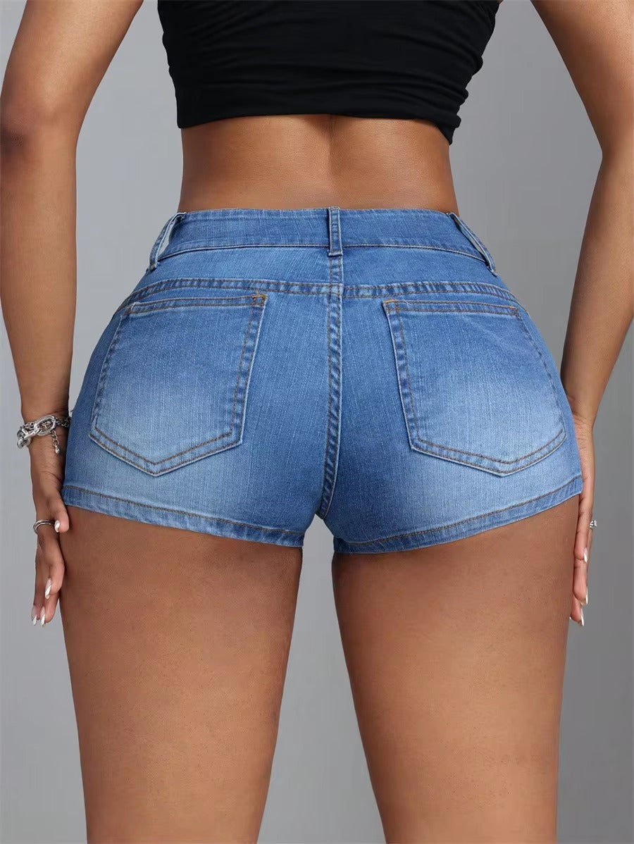 Casual Retro Beaded Mid Waisted Streetwear Slim Fit Stretch Jeans Shorts Mssza