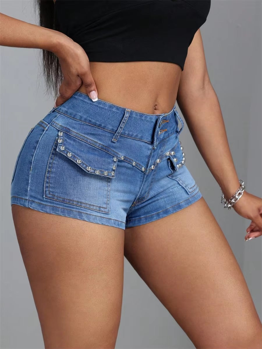 Casual Retro Beaded Mid Waisted Streetwear Slim Fit Stretch Jeans Shorts Mssza