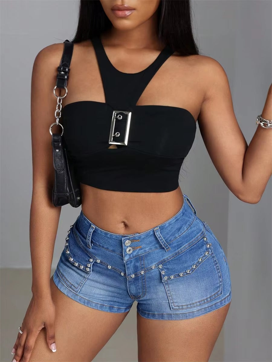 Casual Retro Beaded Mid Waisted Streetwear Slim Fit Stretch Jeans Shorts Mssza