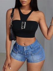 Casual Retro Beaded Mid Waisted Streetwear Slim Fit Stretch Jeans Shorts Mssza