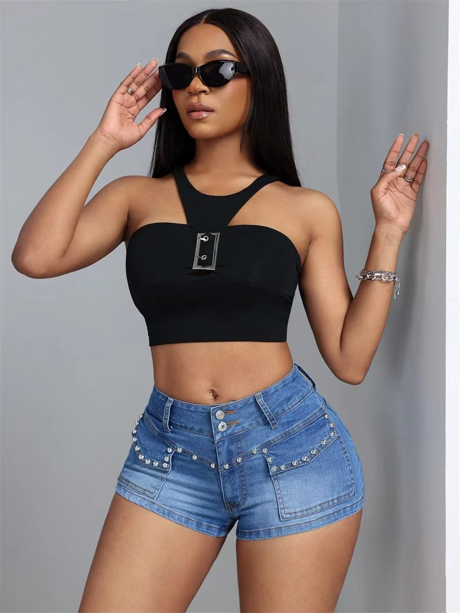 Casual Retro Beaded Mid Waisted Streetwear Slim Fit Stretch Jeans Shorts Mssza
