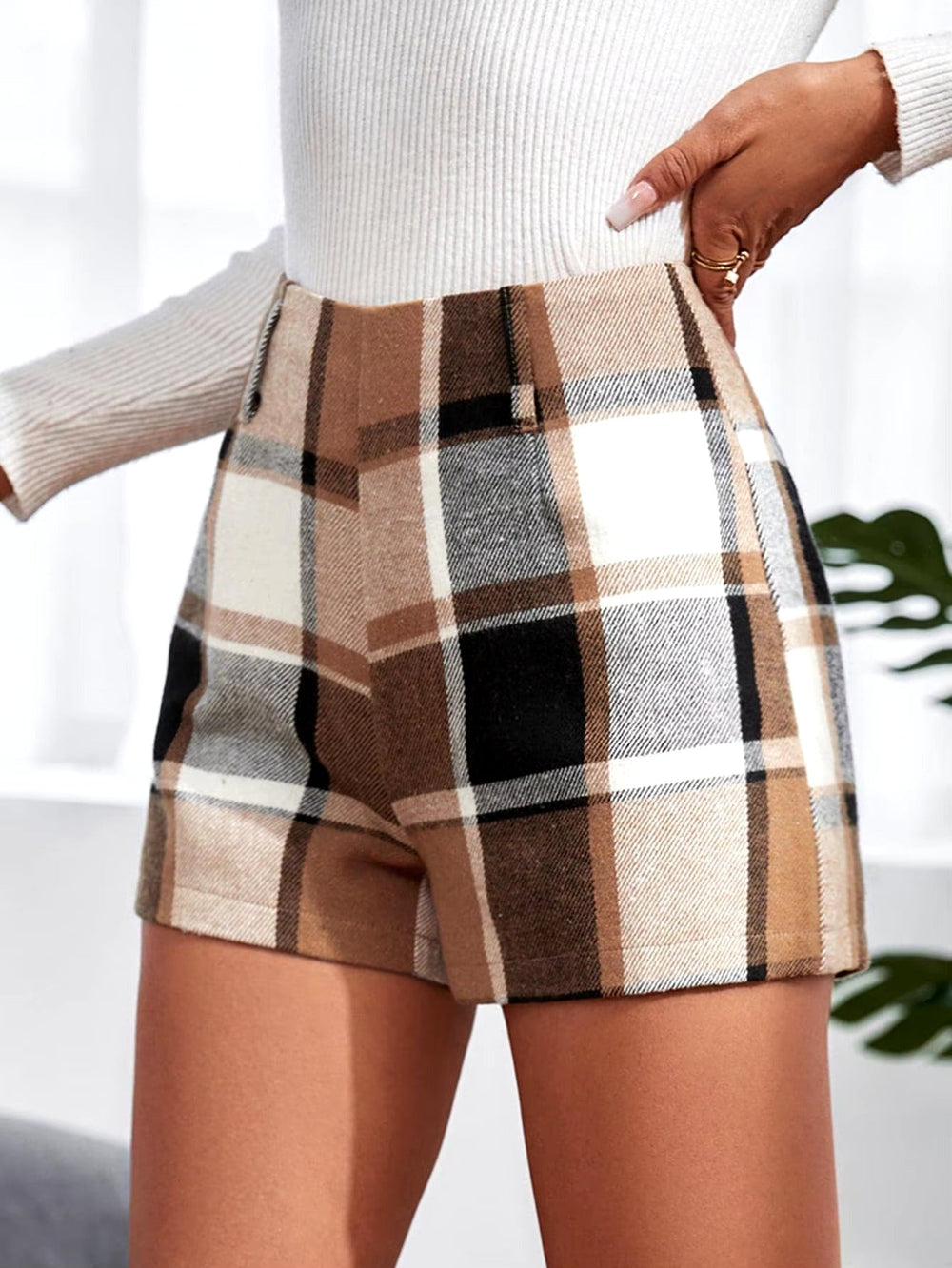 Casual Retro Color Collision Plaid High Waist Wide Leg Shorts Mssza