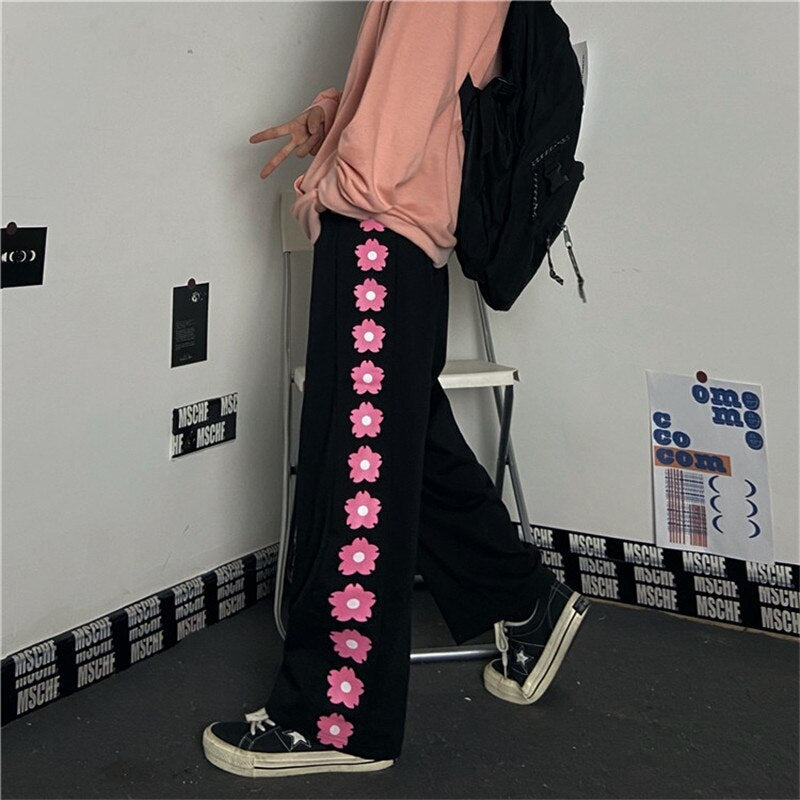 Casual Retro Floral Print Straight-Leg Pants Mssza