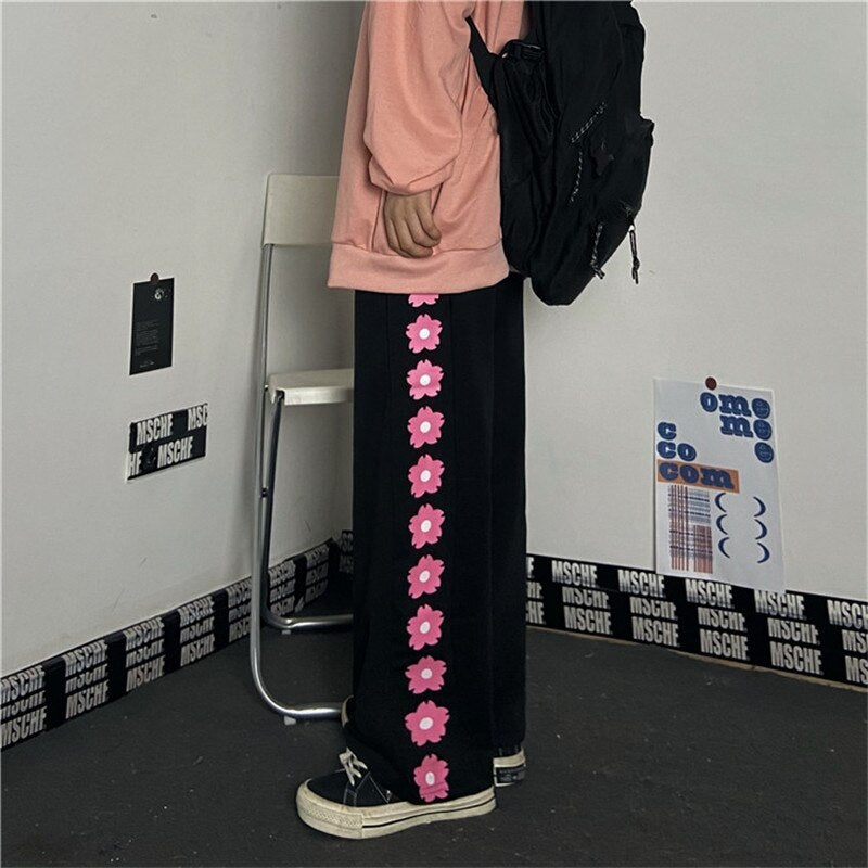 Casual Retro Floral Print Straight-Leg Pants Mssza