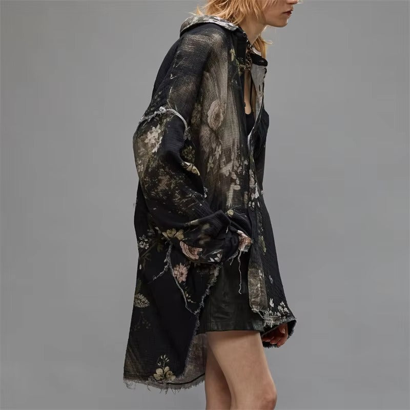 Casual Retro Lapel Print Cotton Tie Dye Loose Long-Sleeved Shirt Mssza