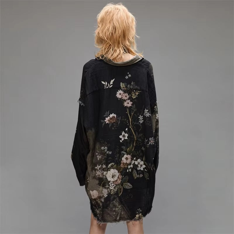 Casual Retro Lapel Print Cotton Tie Dye Loose Long-Sleeved Shirt Mssza