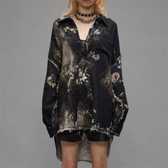 Casual Retro Lapel Print Cotton Tie Dye Loose Long-Sleeved Shirt Mssza