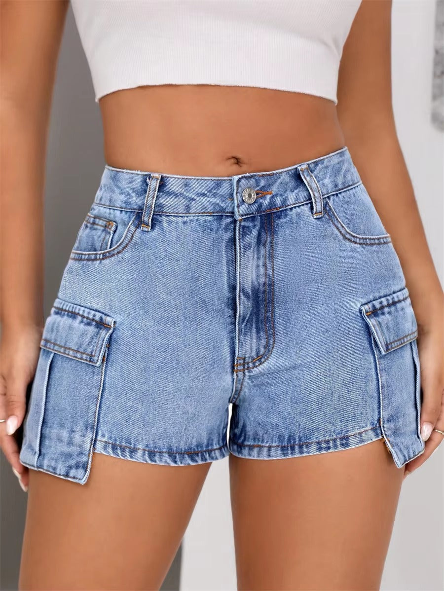 Casual Retro Washed Cargo Mid Waisted Slim Streetwear Jean Shorts Mssza