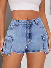 Casual Retro Washed Cargo Mid Waisted Slim Streetwear Jean Shorts Mssza