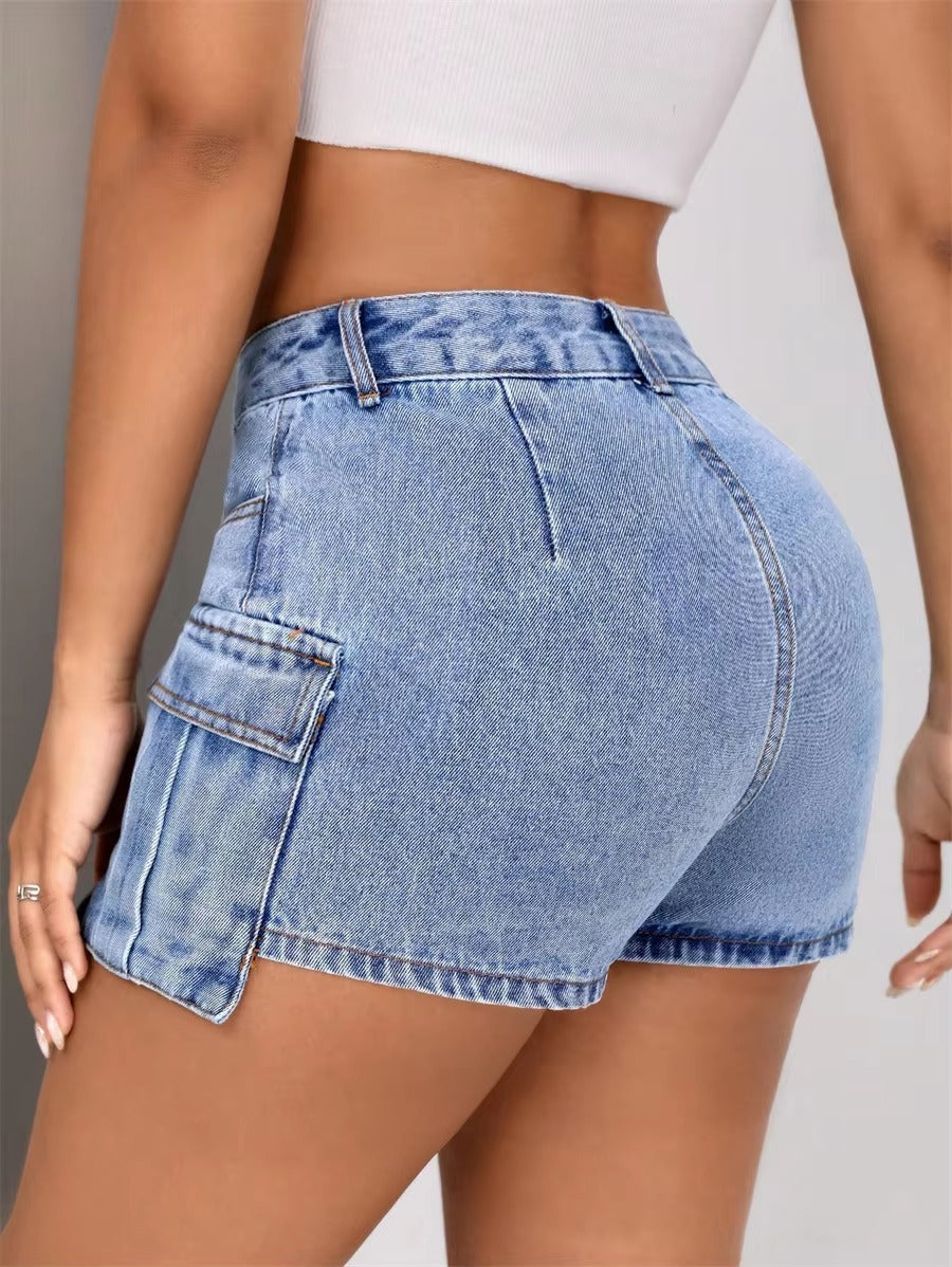 Casual Retro Washed Cargo Mid Waisted Slim Streetwear Jean Shorts Mssza