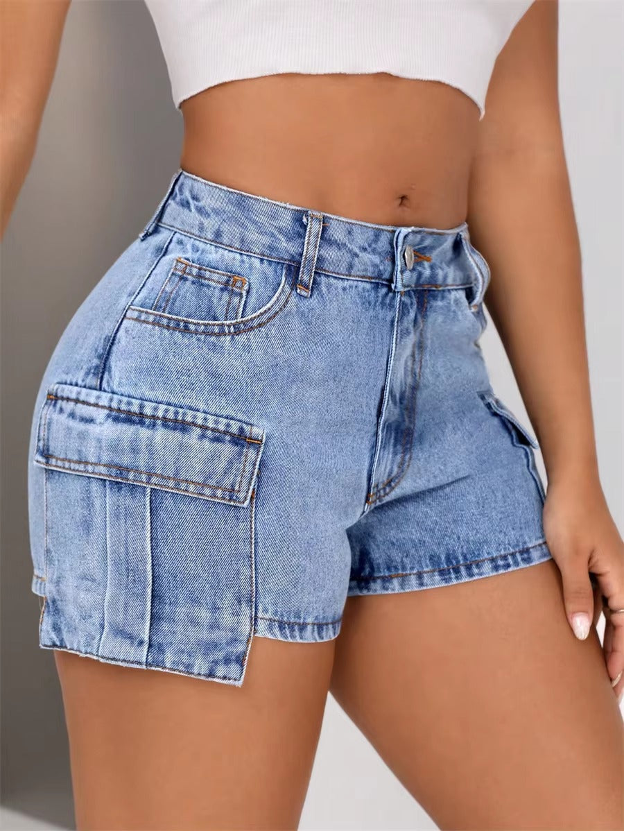 Casual Retro Washed Cargo Mid Waisted Slim Streetwear Jean Shorts Mssza