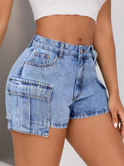 Casual Retro Washed Cargo Mid Waisted Slim Streetwear Jean Shorts Mssza