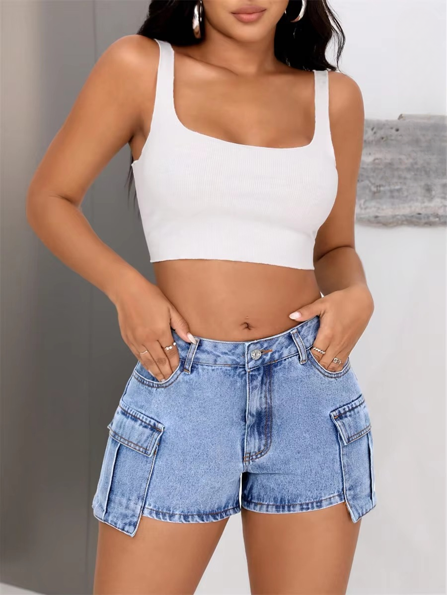 Casual Retro Washed Cargo Mid Waisted Slim Streetwear Jean Shorts Mssza