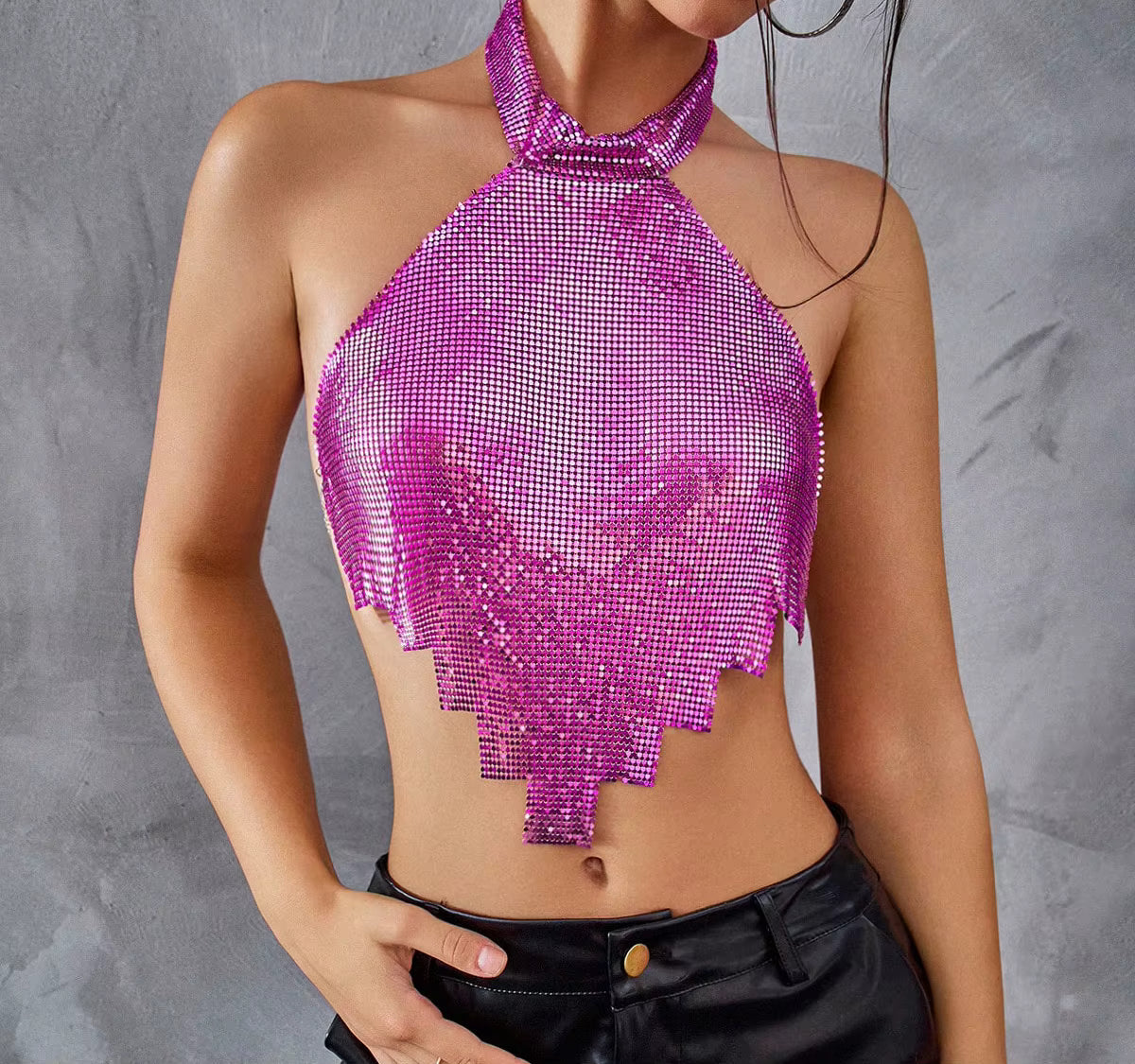 Casual Rhinestone Backless Halter Neck Metal Sequins Tank Tops Mssza