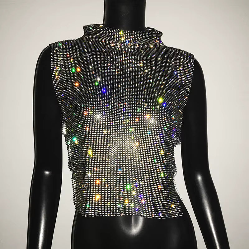 Casual Rhinestone Backless Turtleneck Side Split Diamonds Chain T Shirt Mssza
