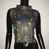 Casual Rhinestone Backless Turtleneck Side Split Diamonds Chain T Shirt Mssza