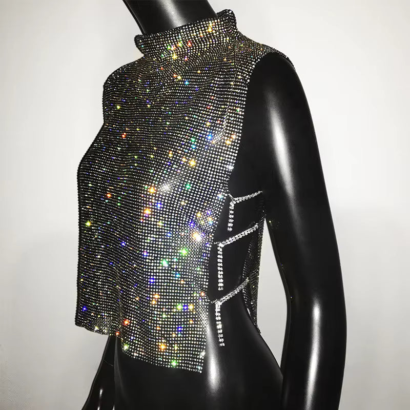 Casual Rhinestone Backless Turtleneck Side Split Diamonds Chain T Shirt Mssza