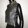 Casual Rhinestone Backless Turtleneck Side Split Diamonds Chain T Shirt Mssza