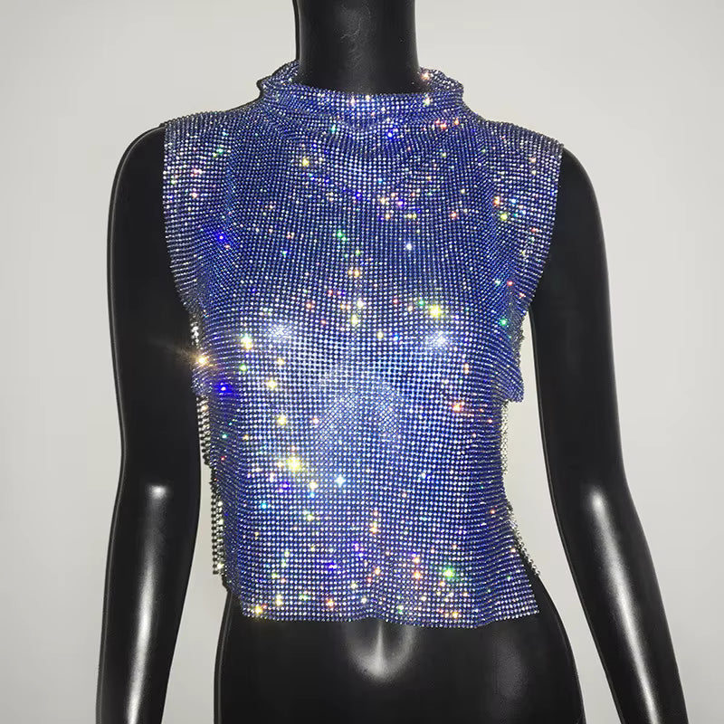 Casual Rhinestone Backless Turtleneck Side Split Diamonds Chain T Shirt Mssza
