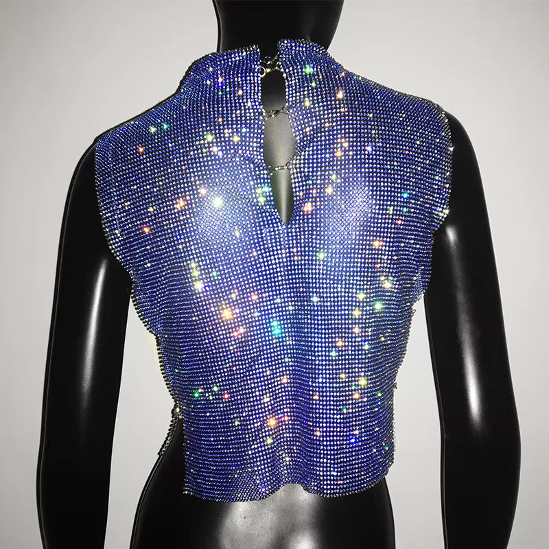 Casual Rhinestone Backless Turtleneck Side Split Diamonds Chain T Shirt Mssza