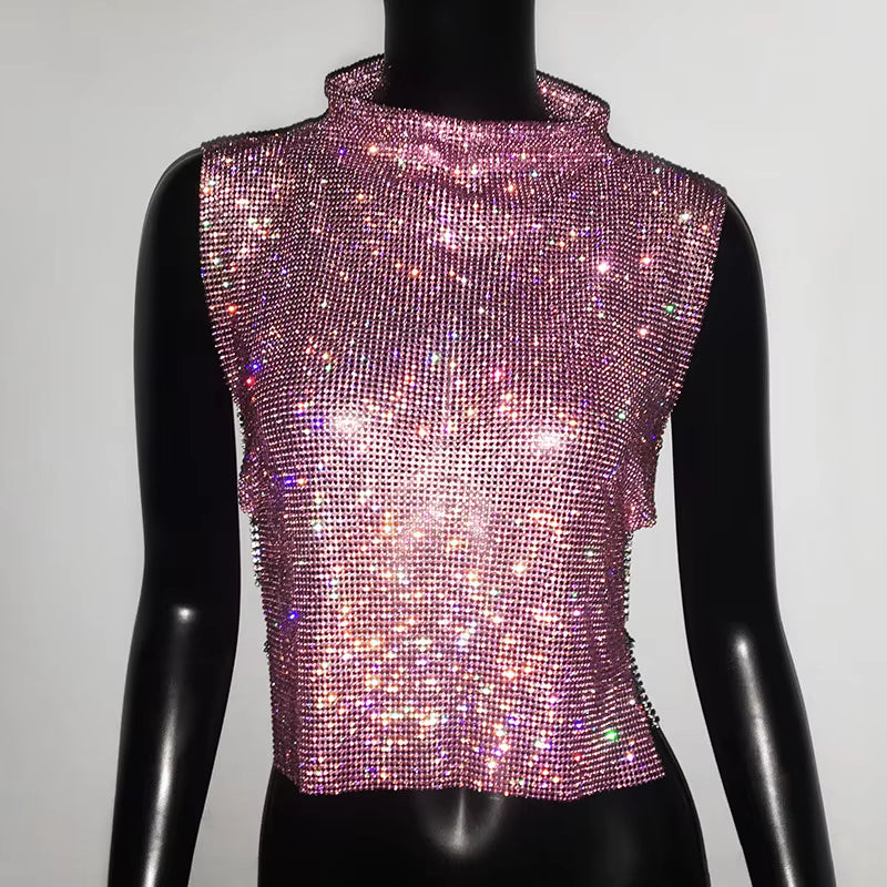 Casual Rhinestone Backless Turtleneck Side Split Diamonds Chain T Shirt Mssza