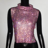Casual Rhinestone Backless Turtleneck Side Split Diamonds Chain T Shirt Mssza